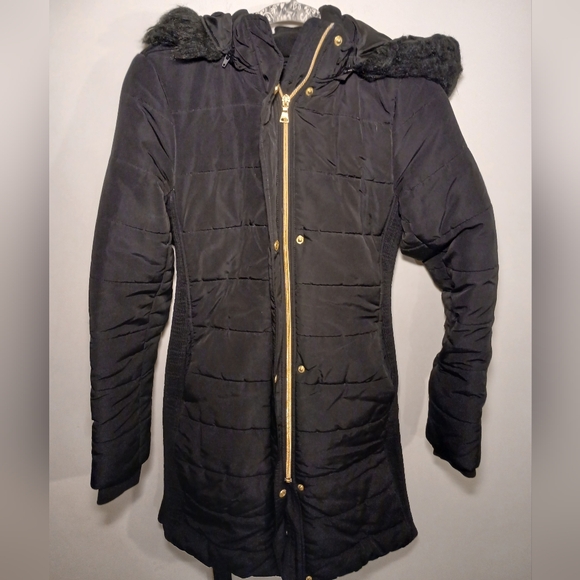 Express Hooded Black Puffer Coat with Gold Details - Picture 1 of 11